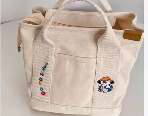 拉链双隔层帆布包双内口袋休闲纯色学生便当餐...