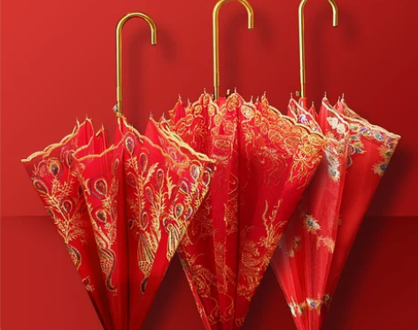 红伞婚庆结婚出嫁伞蕾丝复刺绣长柄中式婚礼雨...