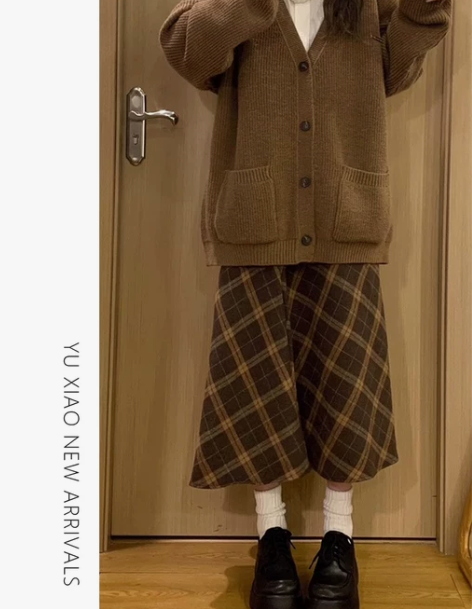 毛呢格子半身裙女秋冬梨形身材高腰大码胖mm...