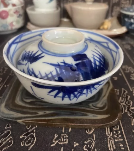 日本回流瓷器 老瓷 百年老盖碗 青花手绘 ...