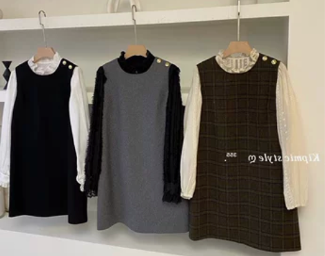 复古棕色格纹毛呢连衣裙女2022冬季百搭休...