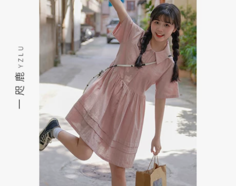 一咫鹿风琴褶绑带收腰短款短袖polo连衣裙子女夏季日系甜美衬...