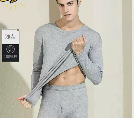 男士纯棉秋衣秋裤套装，有灰色和黑色码子L码...