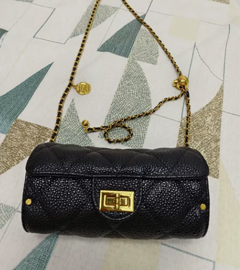 9成新鱼子酱菱格链条包包女百搭小金球圆筒包...