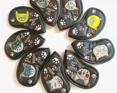 卡通小猫高尔夫铁杆套 精美绣花PU材质 高...