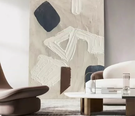 手绘油画黑白侘寂风客厅壁画立体肌理玄关装饰...