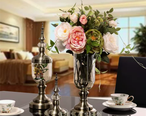 欧式透明水晶玻璃花瓶摆件青古铜摆件一对,含...