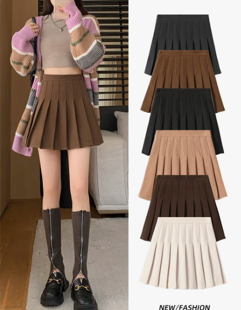 百褶裙女2023新款春秋冬季毛呢半身裙高腰...