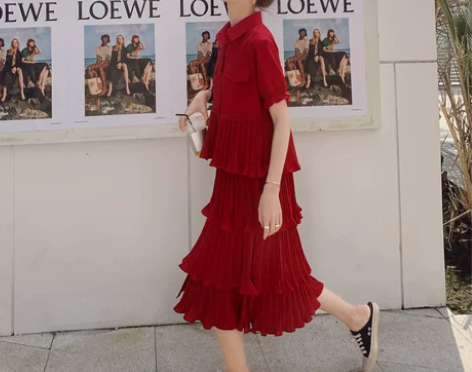 红色超仙森系初恋裙女2023夏新款高腰显瘦...