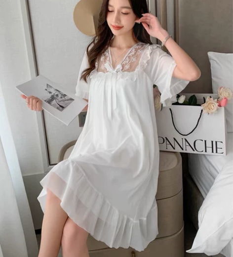 网红爆款睡裙女夏季短袖纯棉2022年新款可...