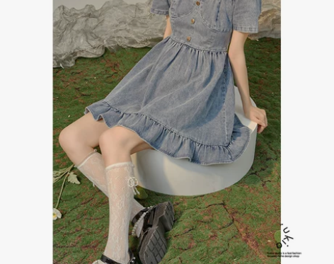 RUKIA别致小众牛仔连衣裙复古方领古着v...