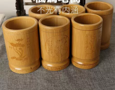 毛笔笔筒 天然竹笔筒创意办公室摆件用学生毕...