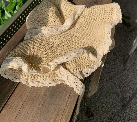 蕾丝飘带镂空草帽女夏季出游防晒沙滩帽子女款...