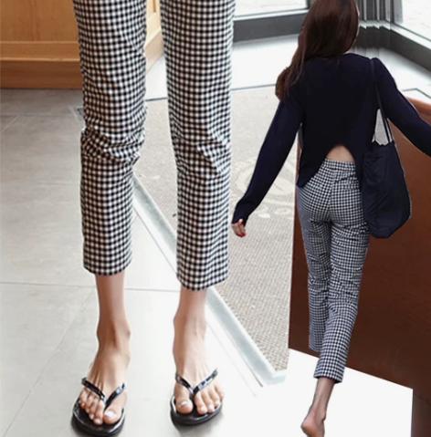 九分裤 长裤九分裤格子女夏季薄款弹力小个子...
