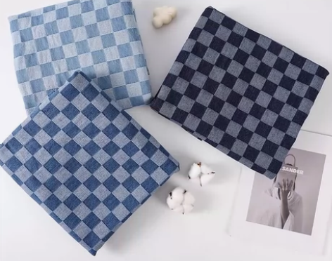 提花水洗牛仔布料加厚立体棋盘格子外套裤子服...