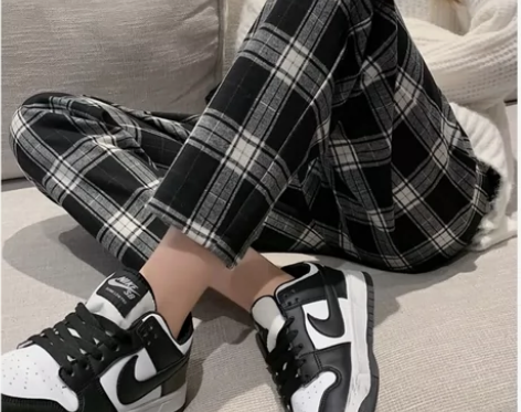 日韩毛呢格子老爹裤哈伦裤