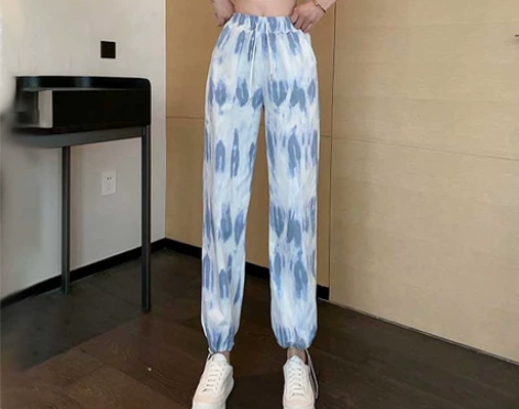 扎染休闲裤子女春装2022新款九分束脚哈伦...