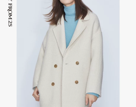 朗姿冬装毛呢外套女双排扣双面呢立体裁剪羊驼...