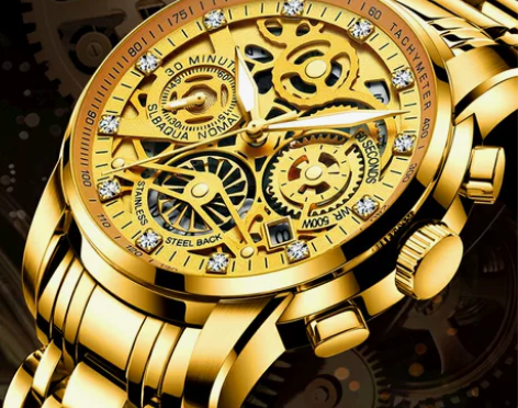 正品牌瑞士手表男士纯金色机械表全自动防水夜...