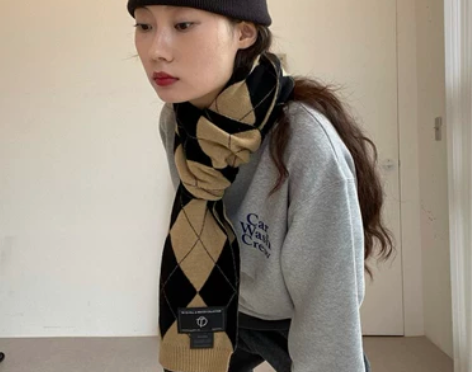 tmmmater 自制菱型格子复古围巾百搭...