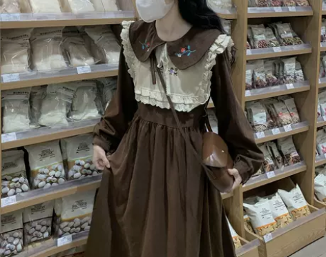 秋冬新款小清新娃娃领长袖中长款a字裙韩版森...