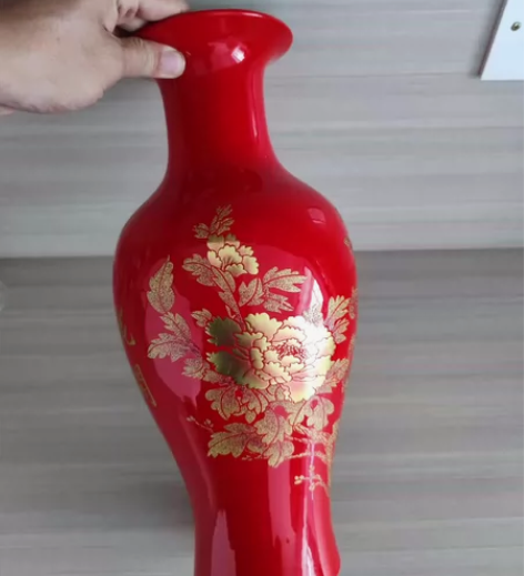 景德镇大红色陶瓷花瓶，婚房装饰摆件，高36...
