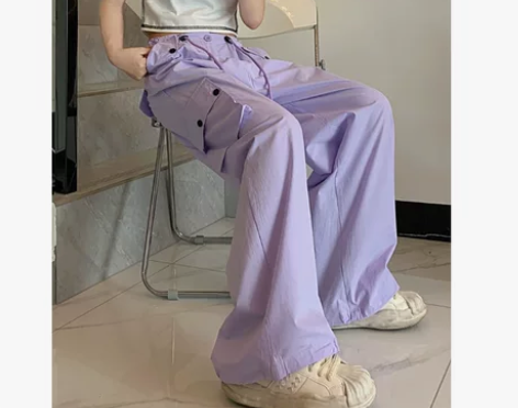 浅紫色炸街工装裤女夏季新款宽松抽绳直筒阔腿...
