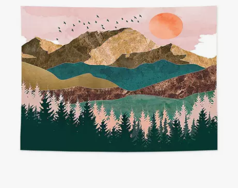 网红ins简约手绘彩山风景布挂布宿舍房间民...