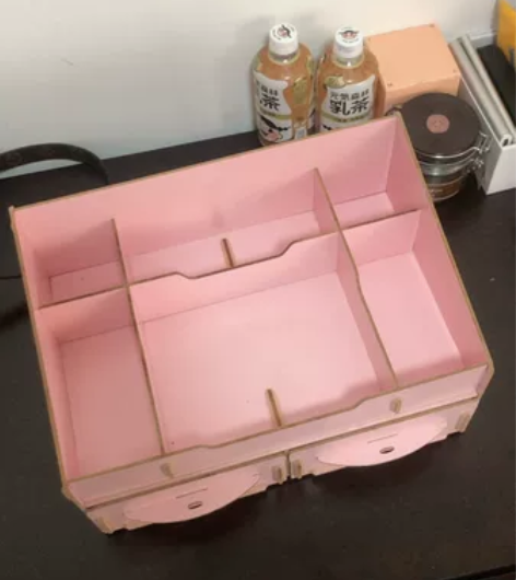 DIY木质桌面收纳盒 化妆品收纳箱 创意带抽屉储存 粉色  ...