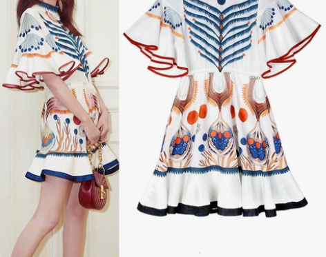 孙怡同款重工连衣裙 荷叶边喇叭袖 印花连衣...