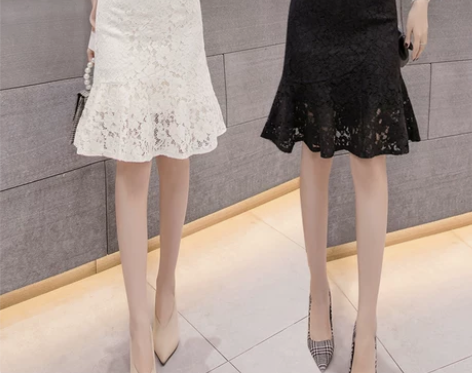 高腰白色鱼尾裙半身裙2021秋装新款蕾丝中...