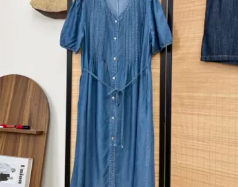 日系文艺风v领风琴褶高腰系带牛仔a字裙宽松...