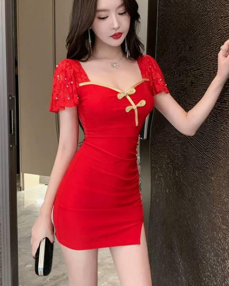 夜总店性感红色连衣裙高级感改良旗袍紧身包臀...