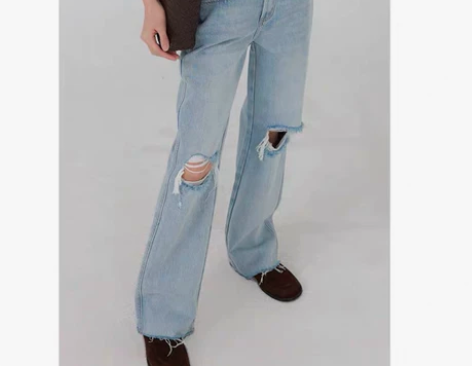 自主vibe微喇设计破洞休闲牛仔长裤男女 ...