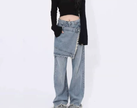 高街女孩穿搭设计感小众牛仔裤裙女春款大码女...