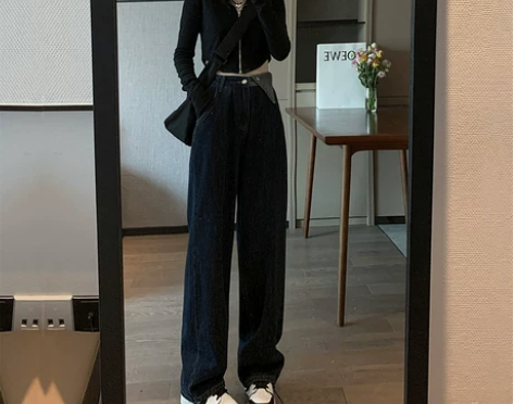 【狂欢价】高腰牛仔裤女春秋直筒宽松阔腿设计...