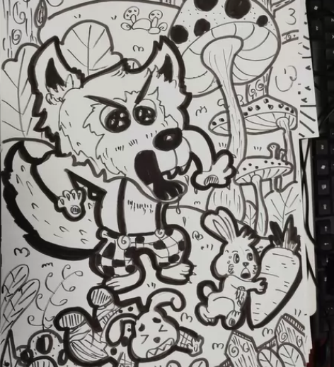 儿童画，情景简笔画，8开，小白兔与大灰狼，...