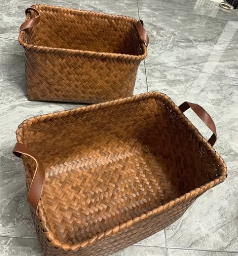 草编藤编收纳筐收纳箱零食玩具美式复古pu把...