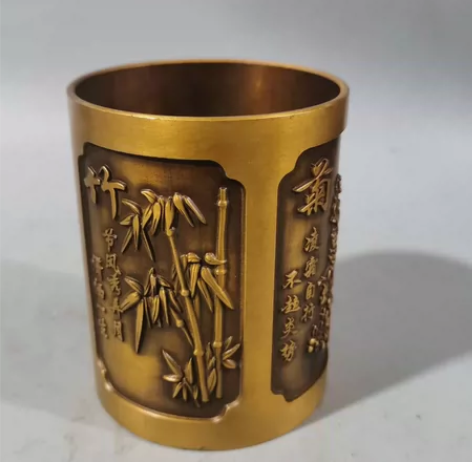 古玩铜器  梅兰竹菊笔筒全黄铜创意摆件送领...