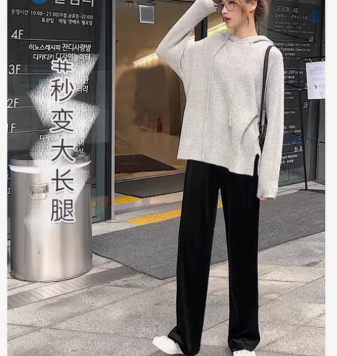 金丝绒阔腿裤女秋冬高腰宽松坠垂感直筒黑色加...