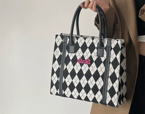 大容量托特包包女2023新款百搭帆布菱格手...