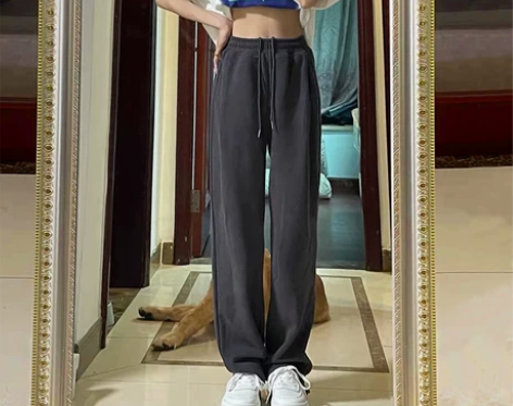 美式灰色运动裤女春秋休闲阔腿裤宽松显瘦百搭...