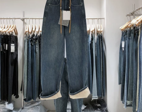2022秋冬加厚加绒美式高街复古阔腿牛仔裤...