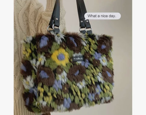 油画系列毛绒包包女2022新款潮时尚托特包...