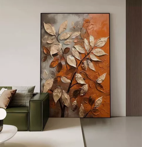 现代简约复古风 秋天树叶高级立体手绘油画玄...