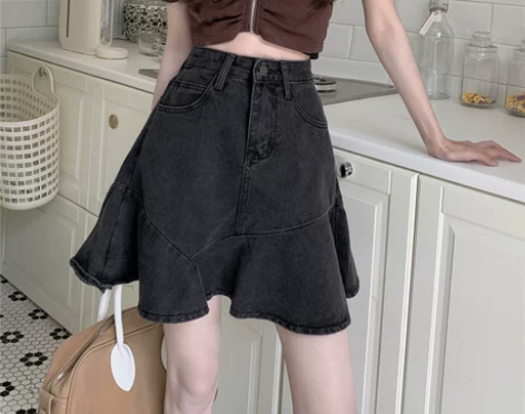 大码高腰鱼尾牛仔半身裙女夏季胖mm遮肚显瘦...