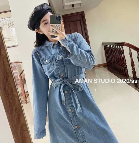 牛仔连衣裙女长袖2020春装新款韩版翻领宽...