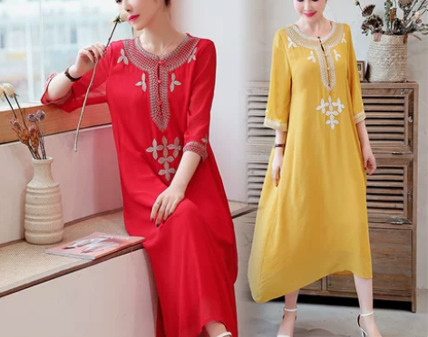 2022夏季中国风棉麻连衣裙大码文艺盘扣复...