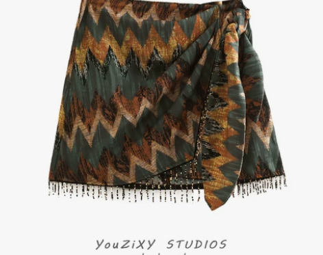 ?欧美女装民族风复古下摆串珠饰印花侧面打结...