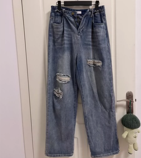 美式复古破洞阔腿牛仔裤女高腰可调节小众设计...